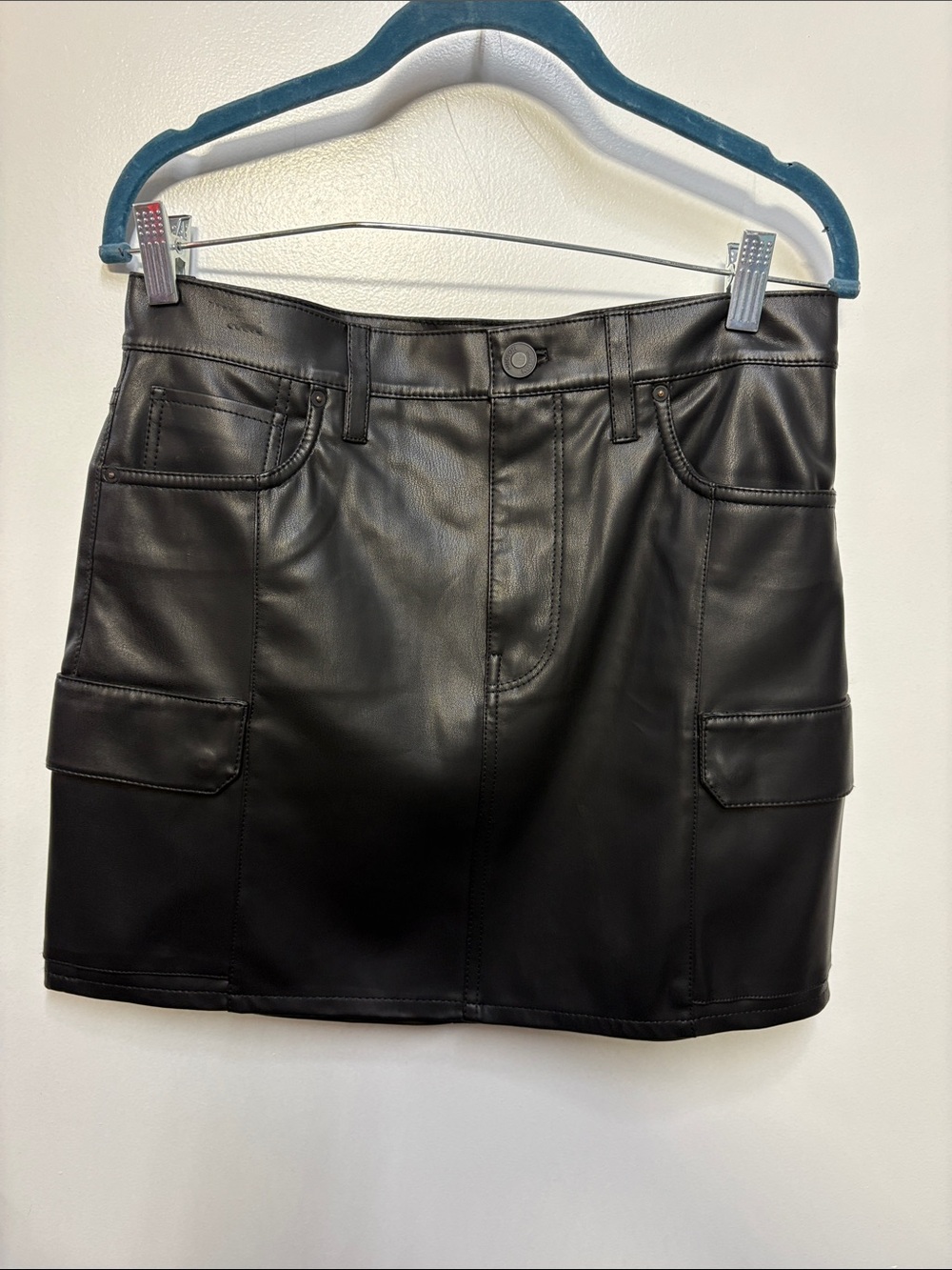 Black Faux Leather Mini Skirt with Front Pockets